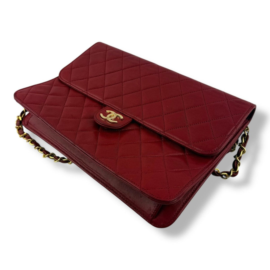 CHANEL CC Logo Matelasse Red Leather Single Flap Chain Shoulder Handbag - Lux Central
