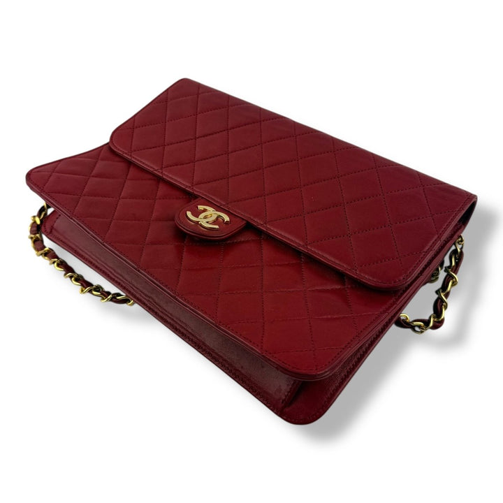 CHANEL CC Logo Matelasse Red Leather Single Flap Chain Shoulder Handbag - Lux Central