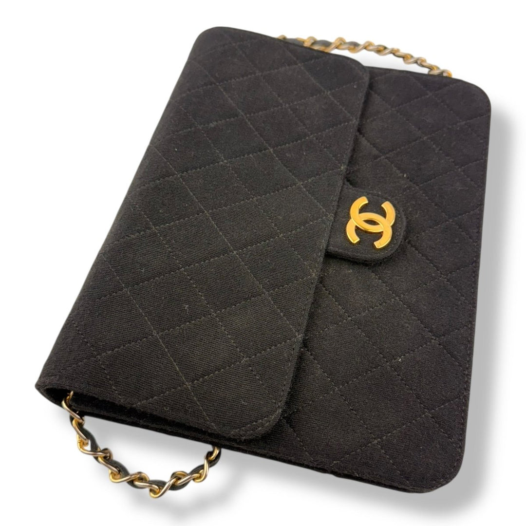 CHANEL CC Logo Quilted Cotton Black Single Flap Chain Shoulder Handbag - Lux Central