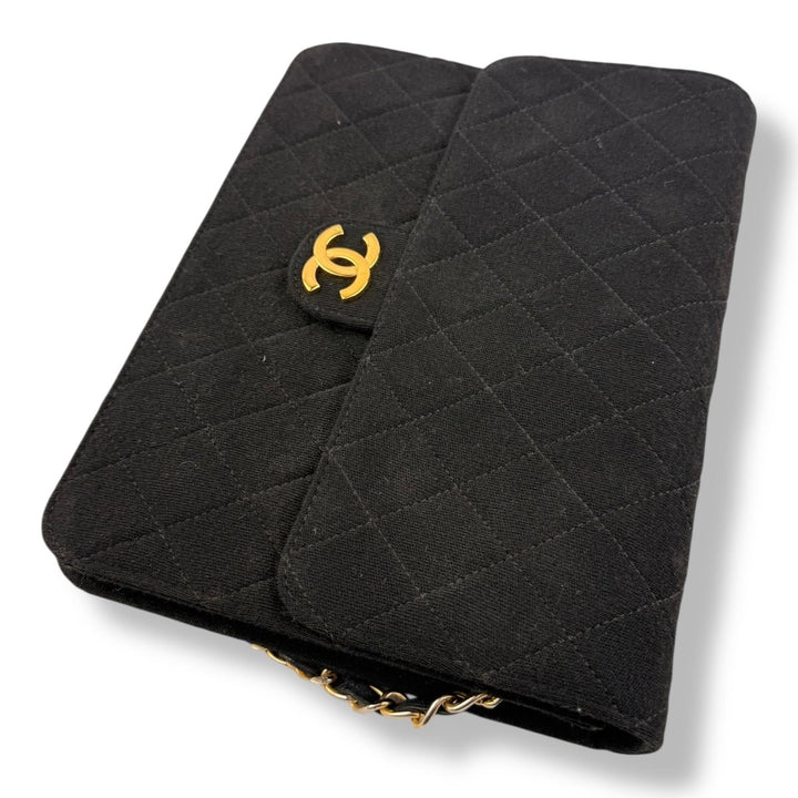 CHANEL CC Logo Quilted Cotton Black Single Flap Chain Shoulder Handbag - Lux Central