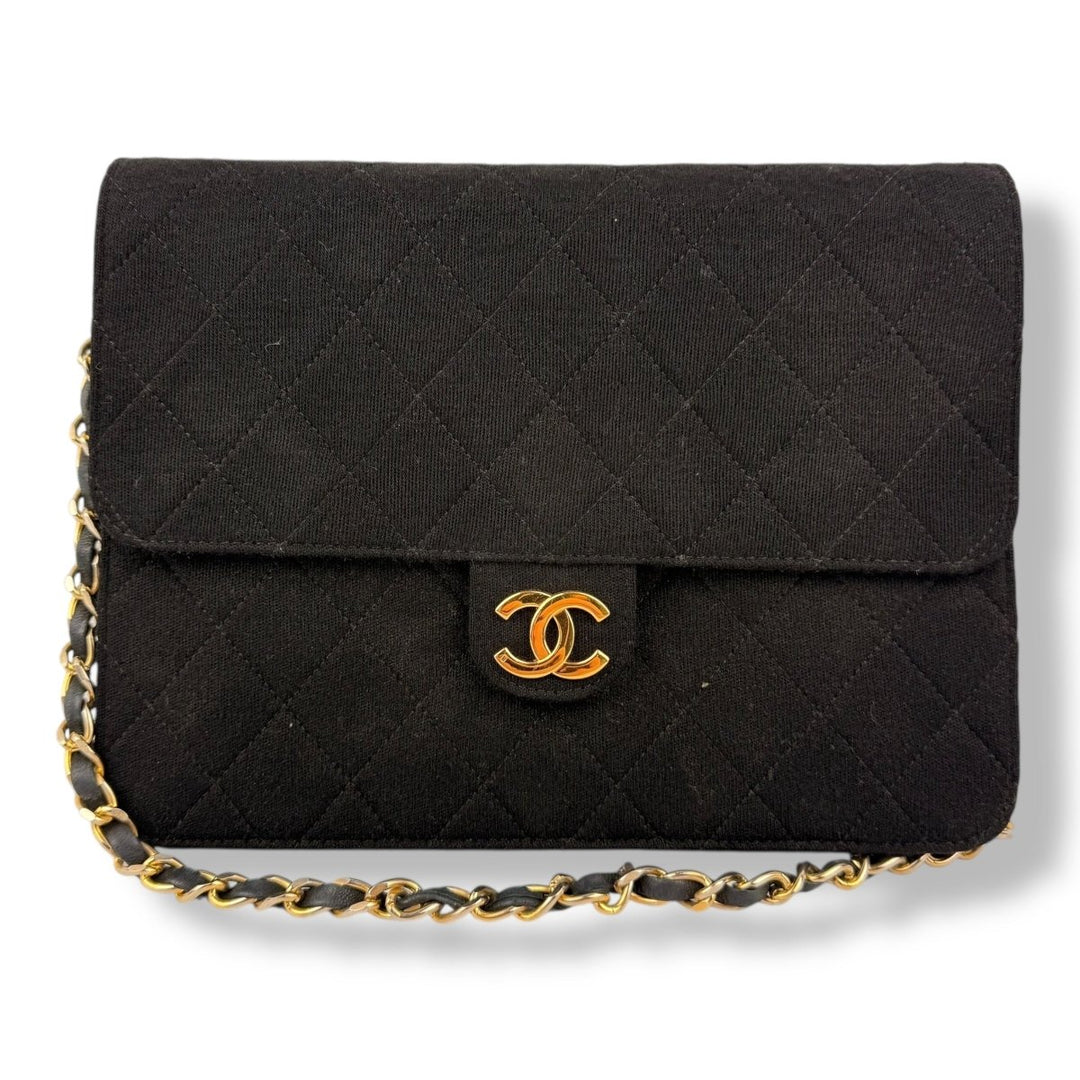 CHANEL CC Logo Quilted Cotton Black Single Flap Chain Shoulder Handbag - Lux Central
