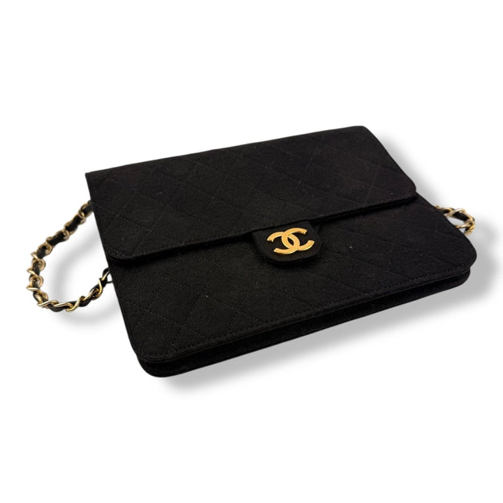 CHANEL CC Logo Quilted Cotton Black Single Flap Chain Shoulder Handbag - Lux Central