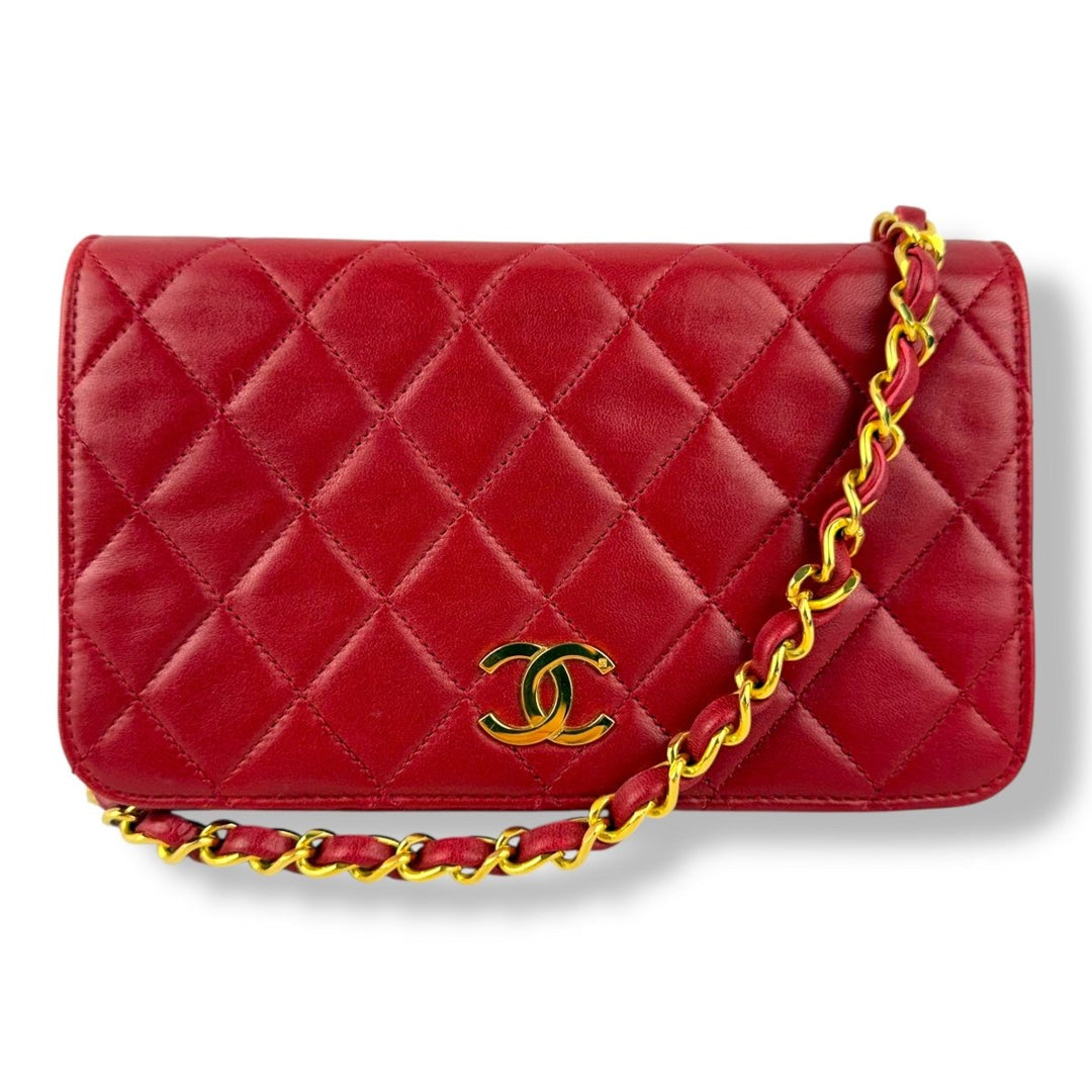 Chanel CC Mini Red Push Lock Single Flap Lambskin Shoulder Handbag - Lux Central