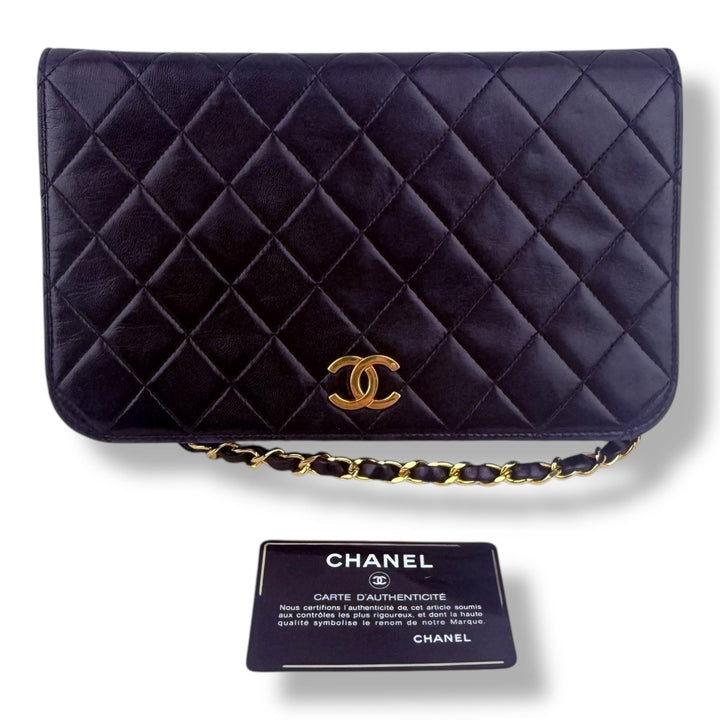Chanel CC Navy Push Lock Single Flap Vintage Shoulder Handbag - Lux Central