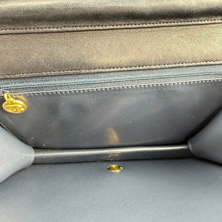 Chanel CC Navy Push Lock Single Flap Vintage Shoulder Handbag - Lux Central