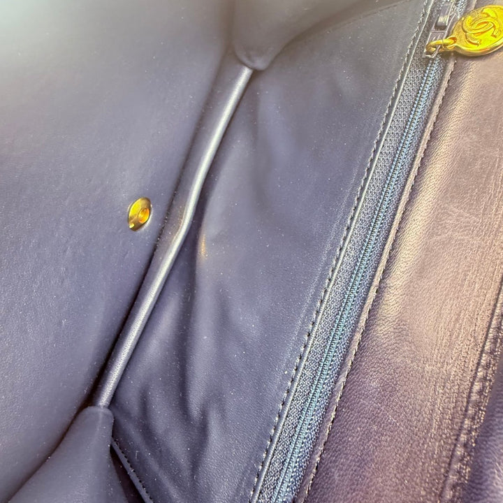 Chanel CC Navy Push Lock Single Flap Vintage Shoulder Handbag - Lux Central