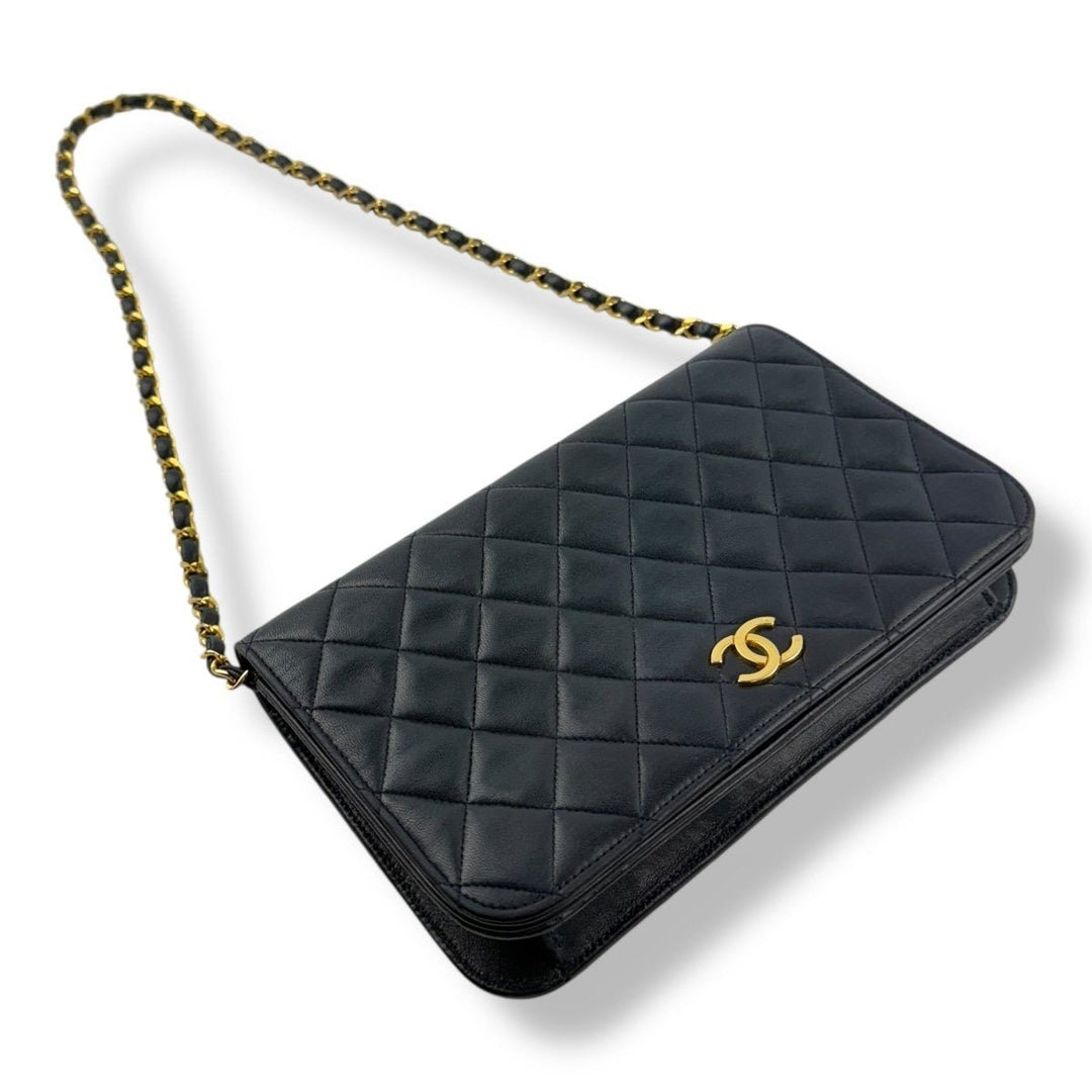 Chanel CC Navy Push Lock Single Flap Vintage Shoulder Handbag - Lux Central