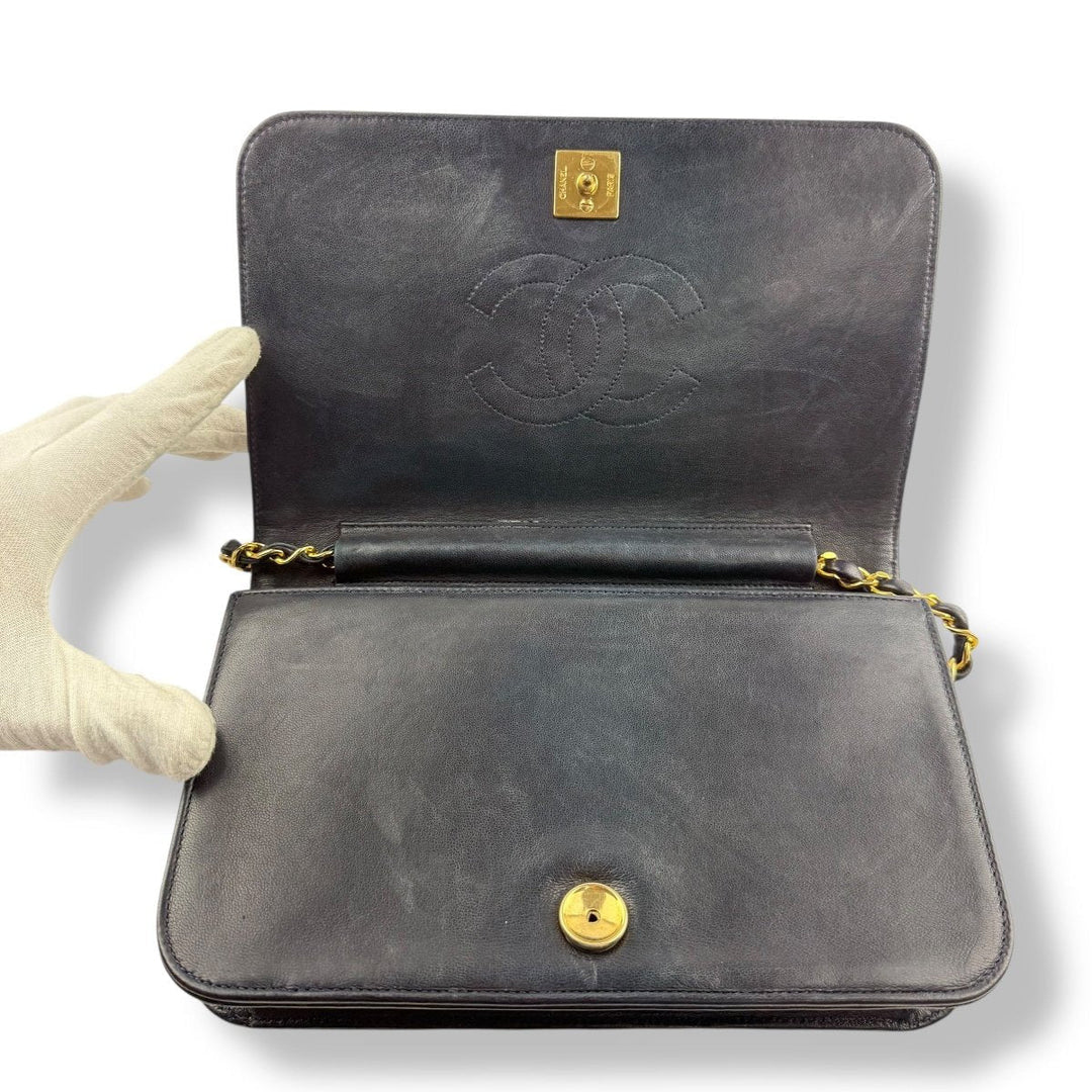 Chanel CC Navy Push Lock Single Flap Vintage Shoulder Handbag - Lux Central