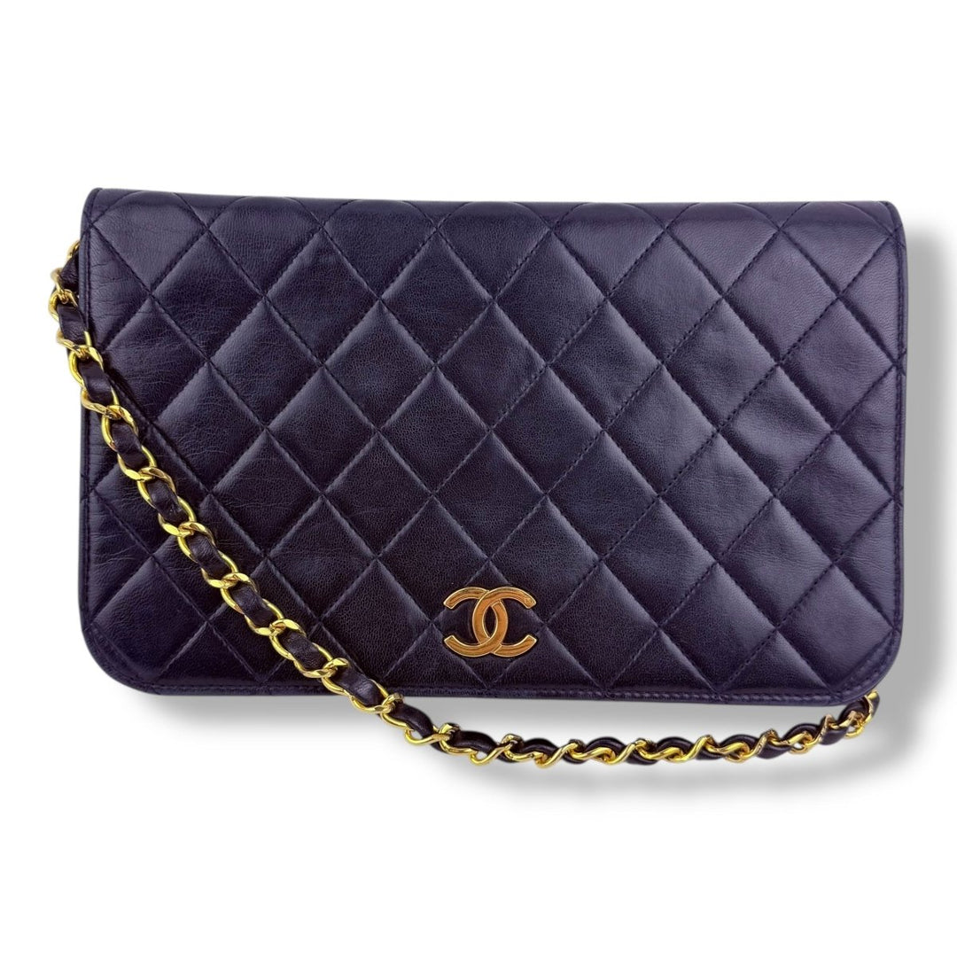 Chanel CC Navy Push Lock Single Flap Vintage Shoulder Handbag - Lux Central
