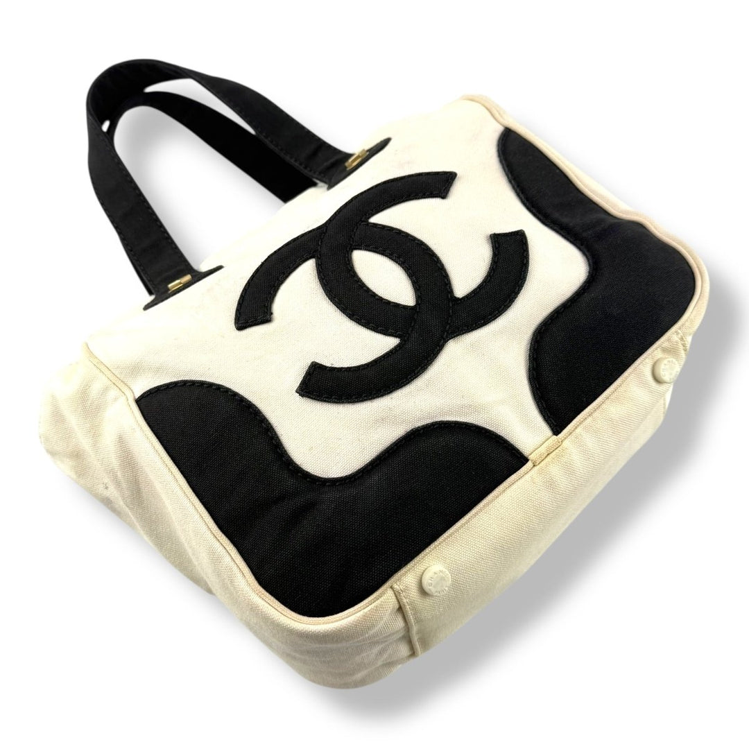 Chanel CC White/Black Marshmallow Top Handle Tote Handbag - Lux Central