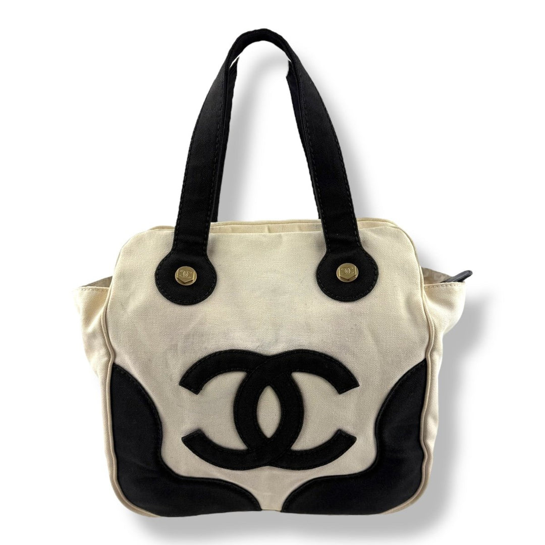 Chanel CC White/Black Marshmallow Top Handle Tote Handbag - Lux Central