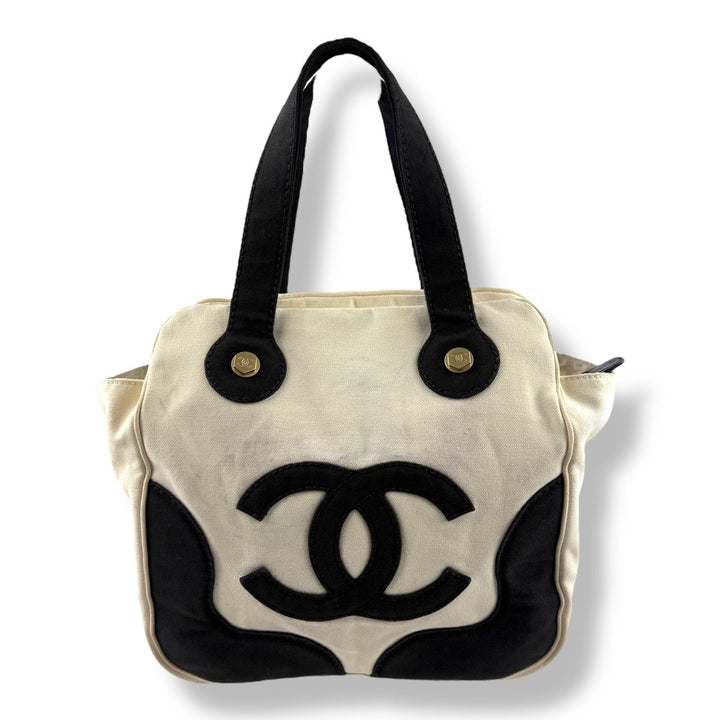 Chanel CC White/Black Marshmallow Top Handle Tote Handbag - Lux Central