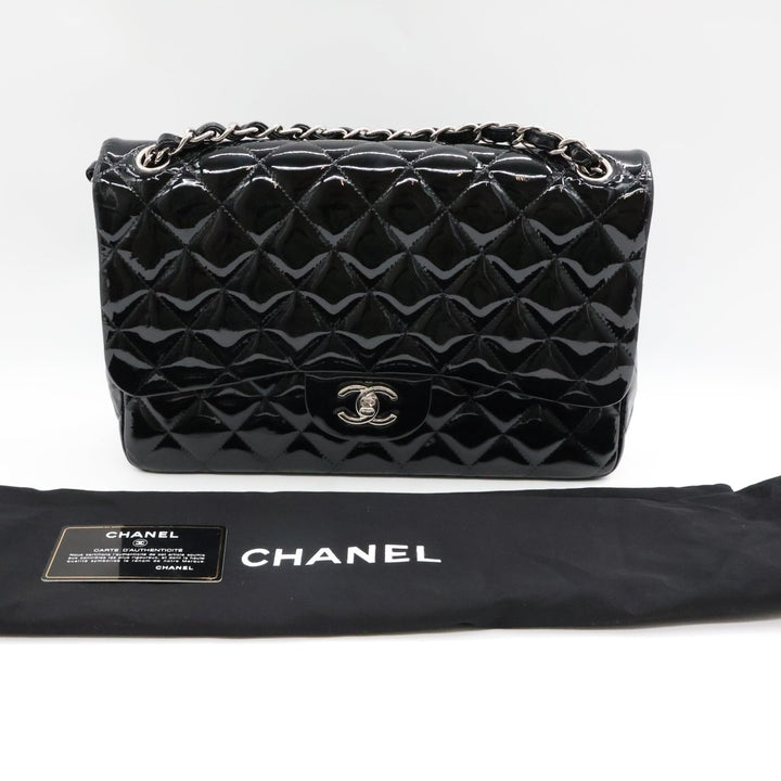 Chanel Double Classic Patent Black Flap Handbag Jumbo - Lux Central