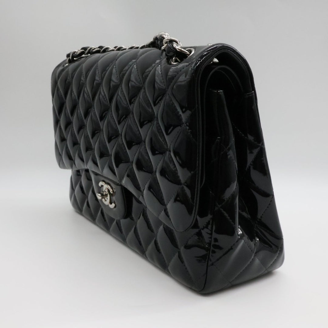 Chanel Double Classic Patent Black Flap Handbag Jumbo - Lux Central