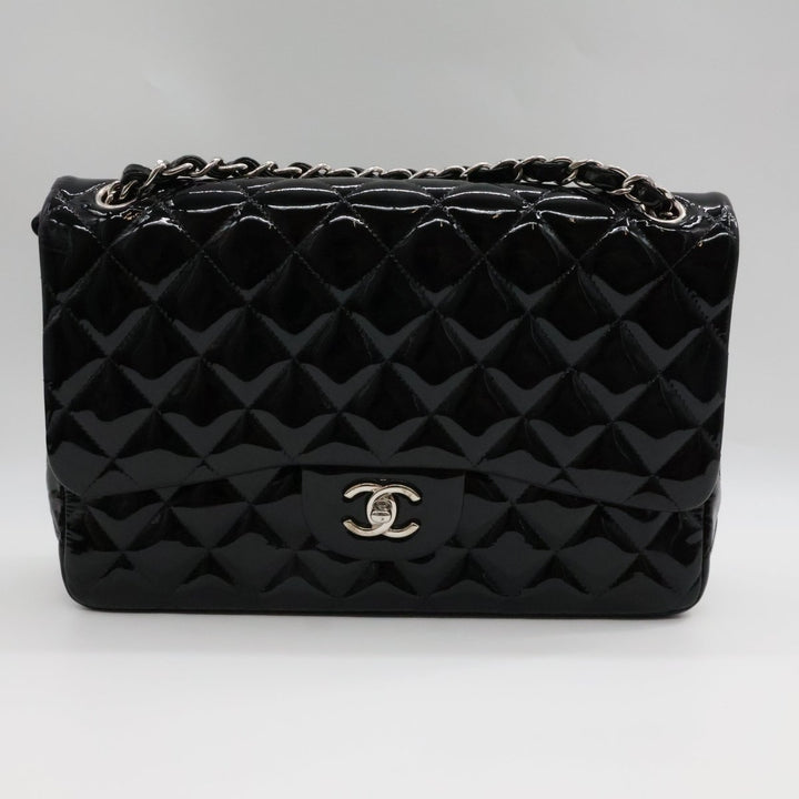 Chanel Double Classic Patent Black Flap Handbag Jumbo - Lux Central