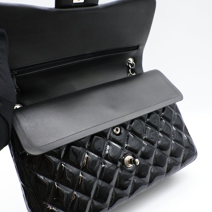 Chanel Double Classic Patent Black Flap Handbag Jumbo - Lux Central