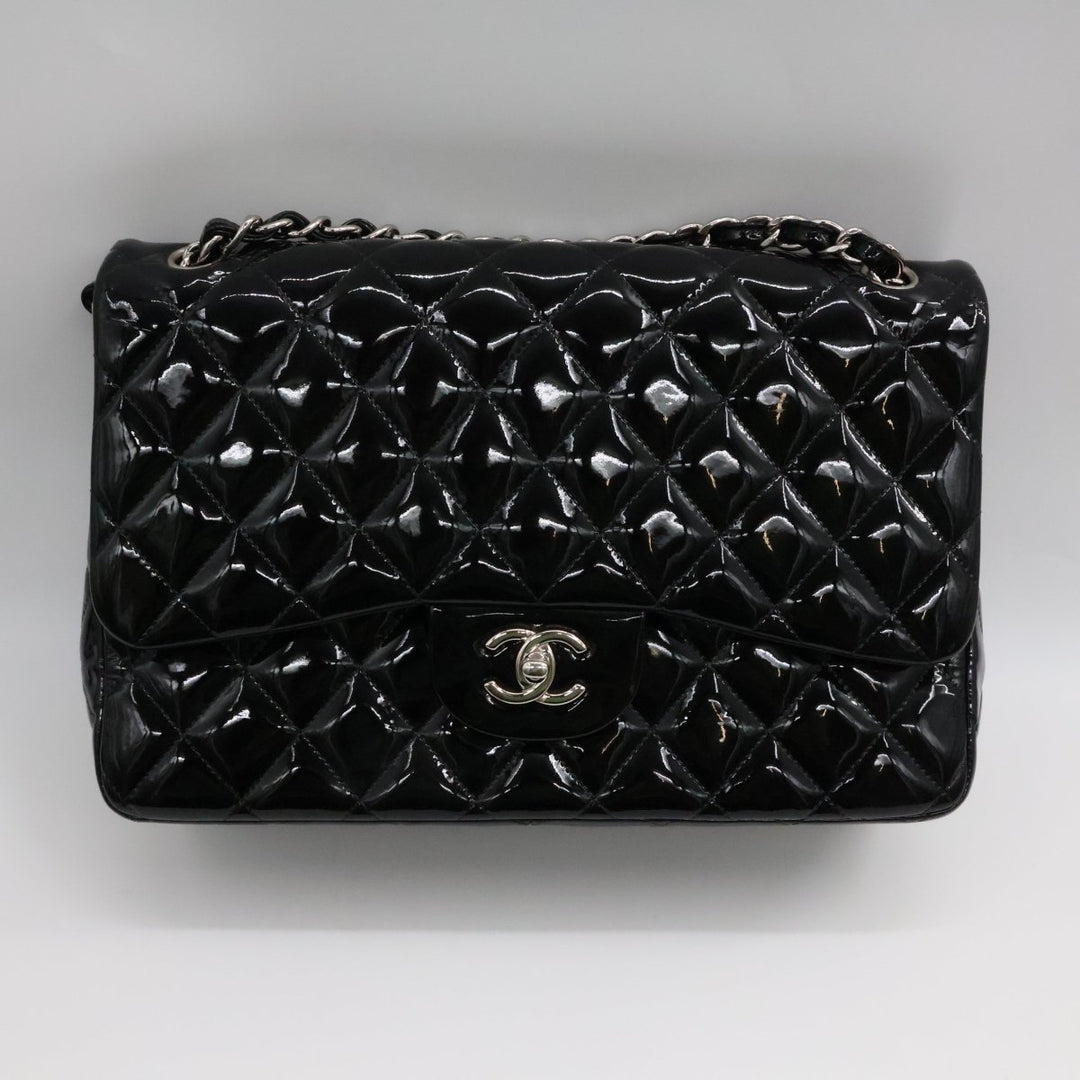 Chanel Double Classic Patent Black Flap Handbag Jumbo - Lux Central