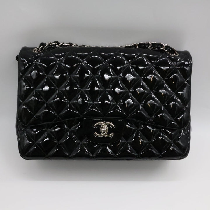 Chanel Double Classic Patent Black Flap Handbag Jumbo - Lux Central