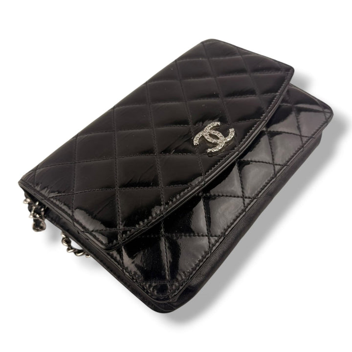 CHANEL Gloss Black Quilted Leather Wallet On Chain WOC Handbag - Lux Central