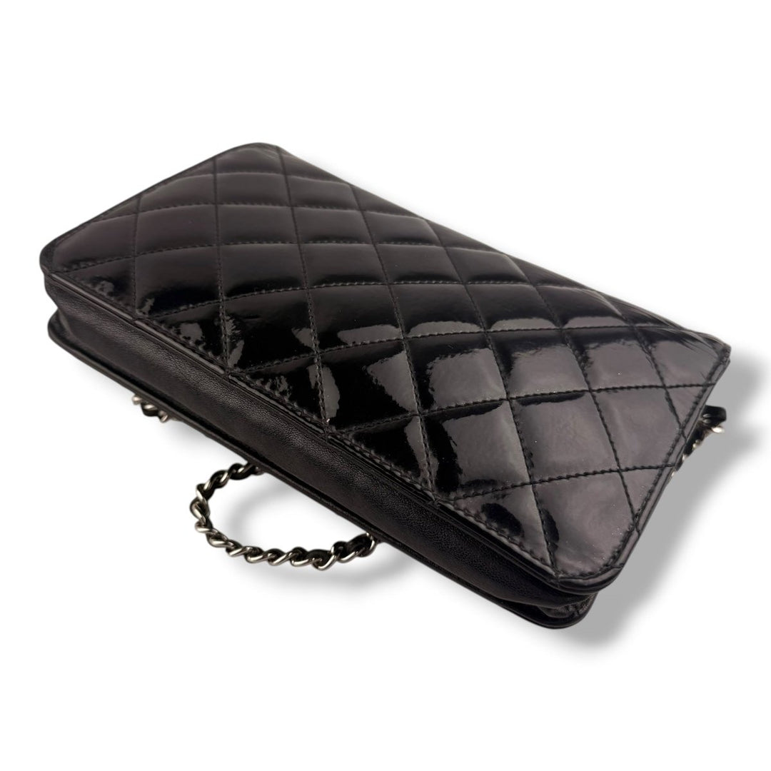 CHANEL Gloss Black Quilted Leather Wallet On Chain WOC Handbag - Lux Central