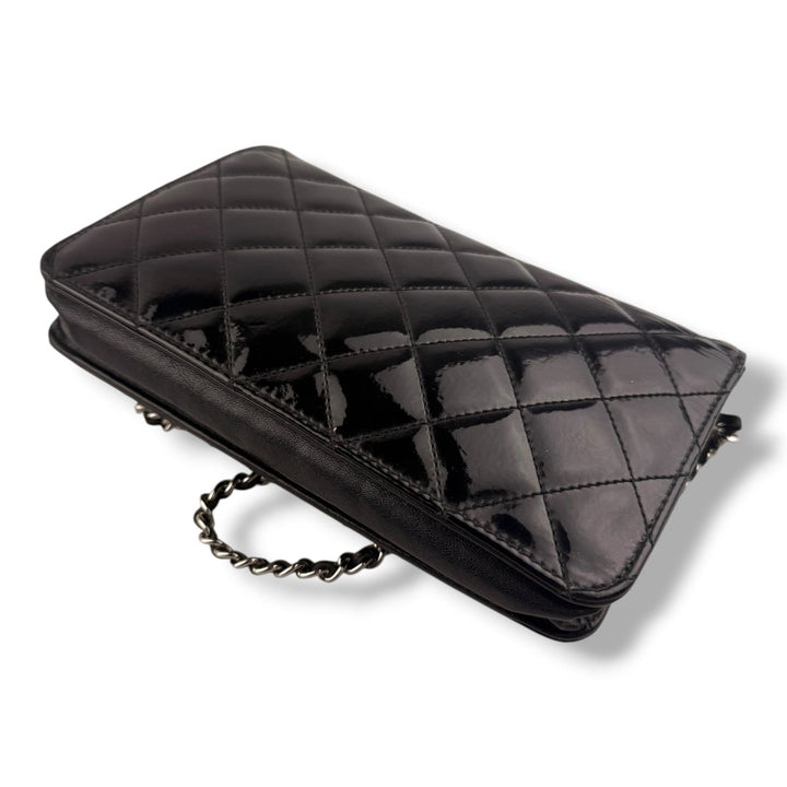 CHANEL Gloss Black Quilted Leather Wallet On Chain WOC Handbag - Lux Central