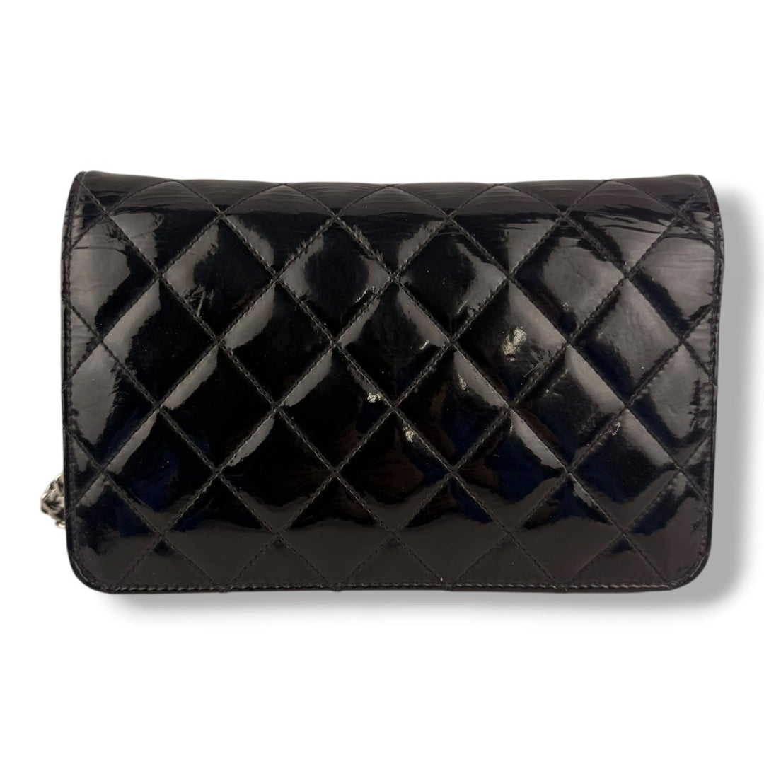 CHANEL Gloss Black Quilted Leather Wallet On Chain WOC Handbag - Lux Central