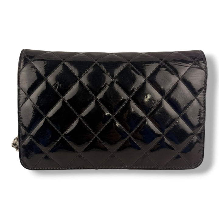 CHANEL Gloss Black Quilted Leather Wallet On Chain WOC Handbag - Lux Central