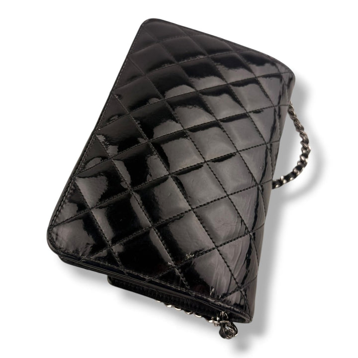 CHANEL Gloss Black Quilted Leather Wallet On Chain WOC Handbag - Lux Central
