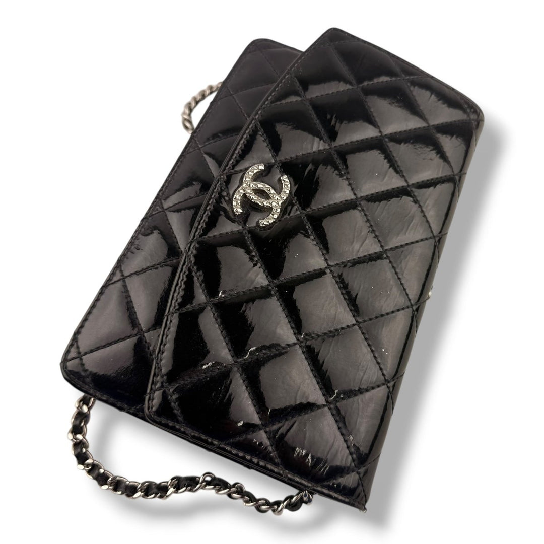 CHANEL Gloss Black Quilted Leather Wallet On Chain WOC Handbag - Lux Central