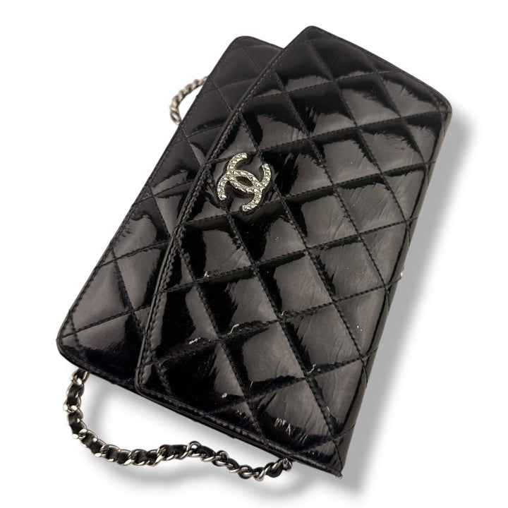 CHANEL Gloss Black Quilted Leather Wallet On Chain WOC Handbag - Lux Central