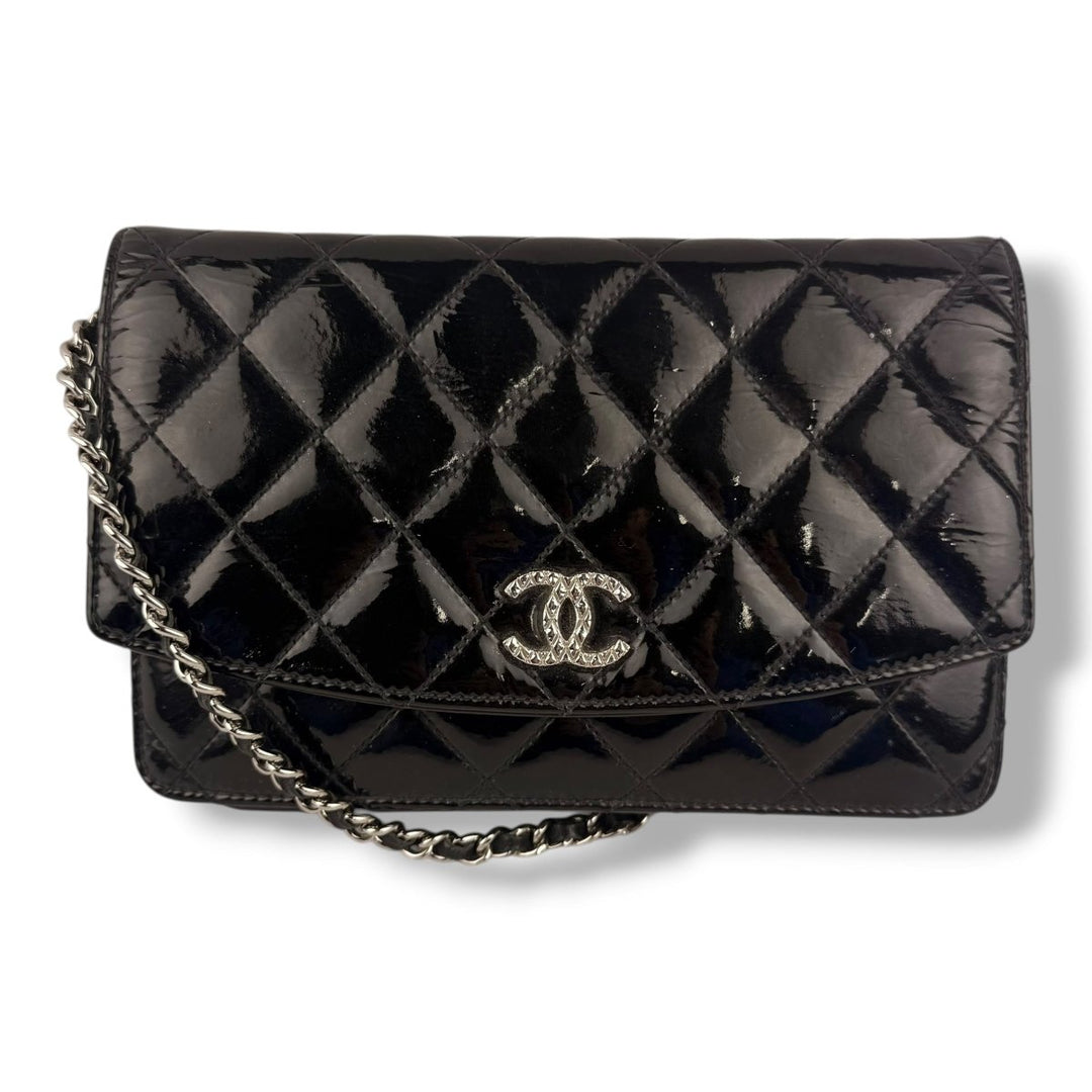 CHANEL Gloss Black Quilted Leather Wallet On Chain WOC Handbag - Lux Central