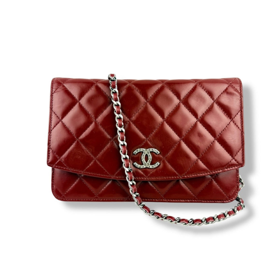 CHANEL Gloss Red Quilted Leather Wallet On Chain WOC Handbag - Lux Central
