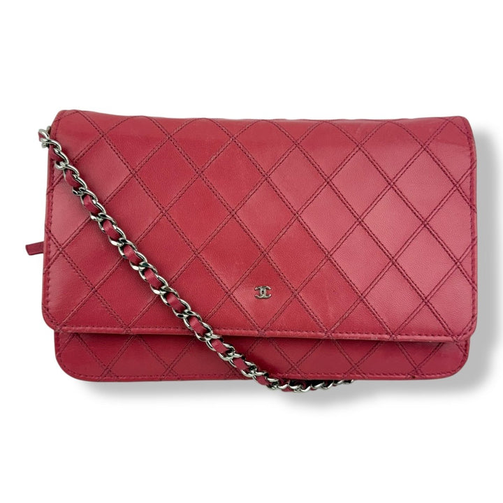 CHANEL Lambskin Diamond Stitch Quilted Wallet On Chain WOC Pink Handbag - Lux Central