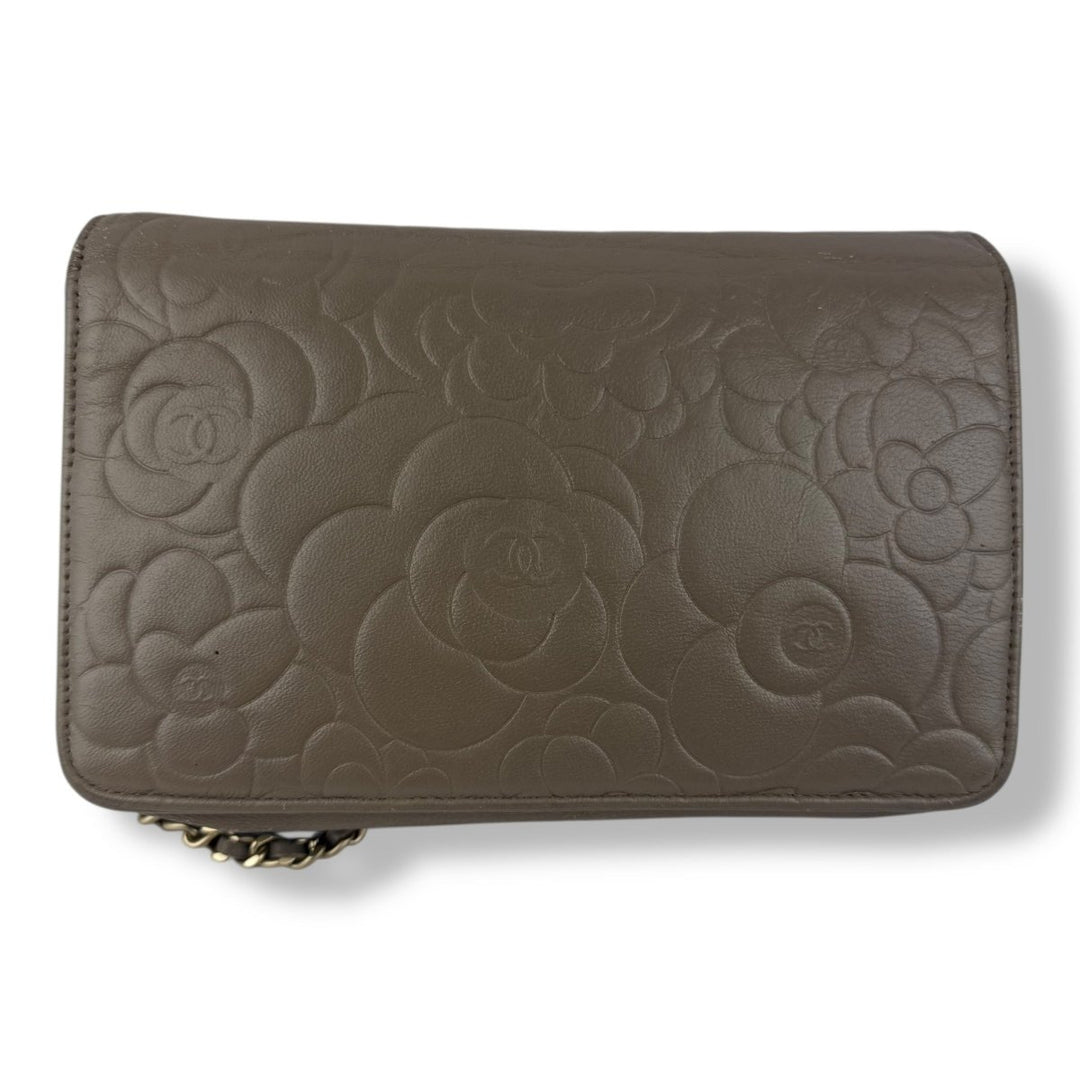 CHANEL Lambskin Quilted Camelia Wallet On Chain WOC Beige Handbag - Lux Central