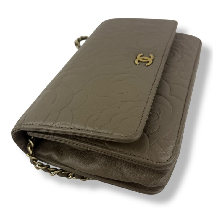 CHANEL Lambskin Quilted Camelia Wallet On Chain WOC Beige Handbag - Lux Central