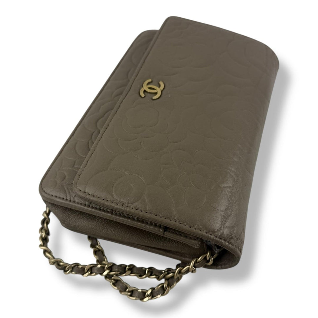 CHANEL Lambskin Quilted Camelia Wallet On Chain WOC Beige Handbag - Lux Central