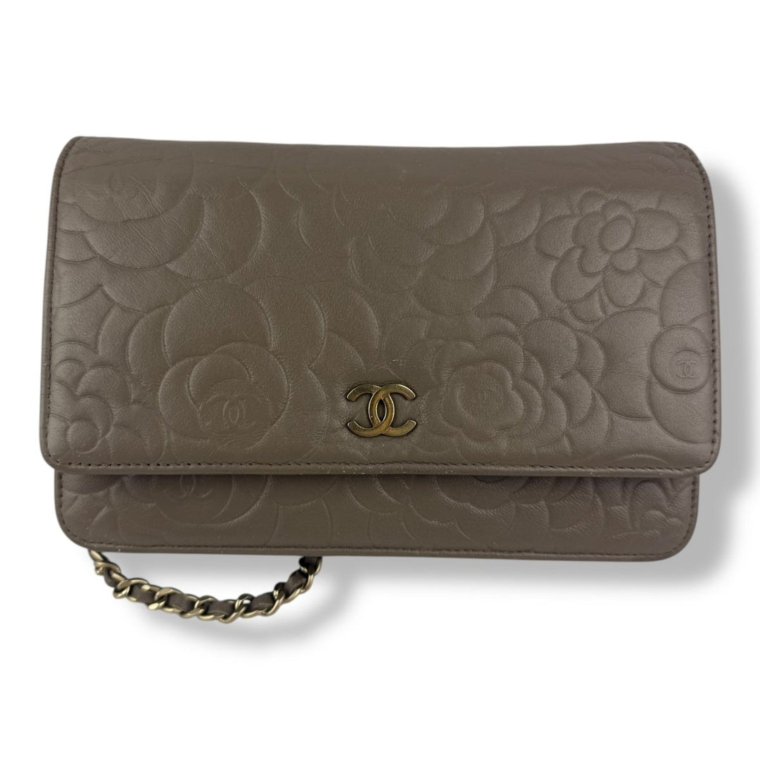 CHANEL Lambskin Quilted Camelia Wallet On Chain WOC Beige Handbag - Lux Central