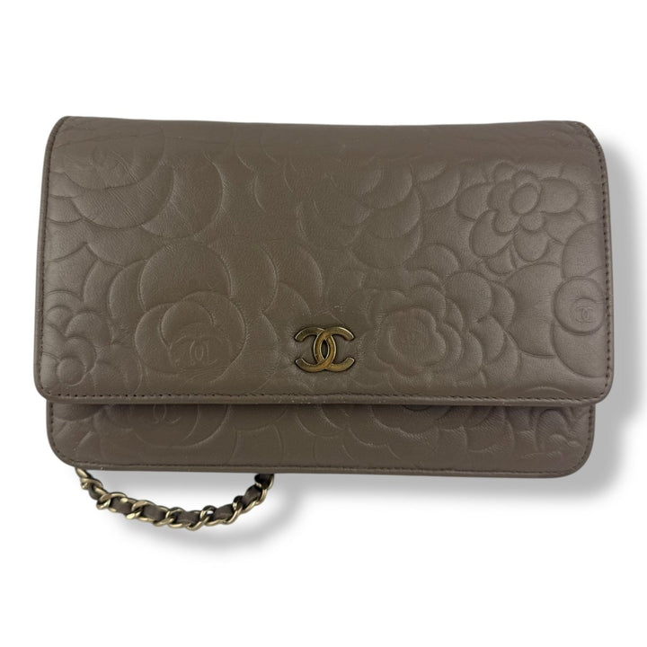 CHANEL Lambskin Quilted Camelia Wallet On Chain WOC Beige Handbag - Lux Central