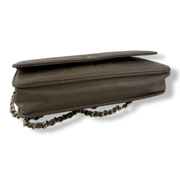 CHANEL Lambskin Quilted Camelia Wallet On Chain WOC Beige Handbag - Lux Central