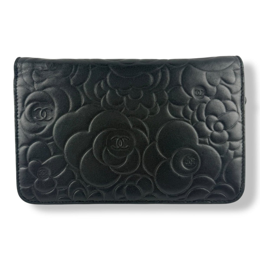 CHANEL Lambskin Quilted Camelia Wallet On Chain WOC Black Handbag - Lux Central