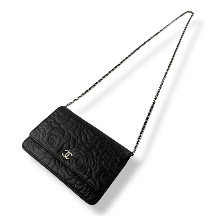 CHANEL Lambskin Quilted Camelia Wallet On Chain WOC Black Handbag - Lux Central