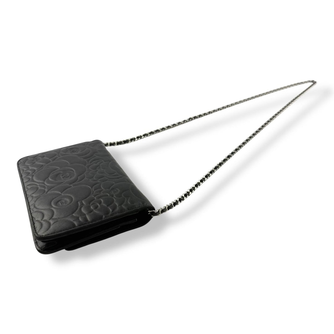 CHANEL Lambskin Quilted Camelia Wallet On Chain WOC Black Handbag - Lux Central
