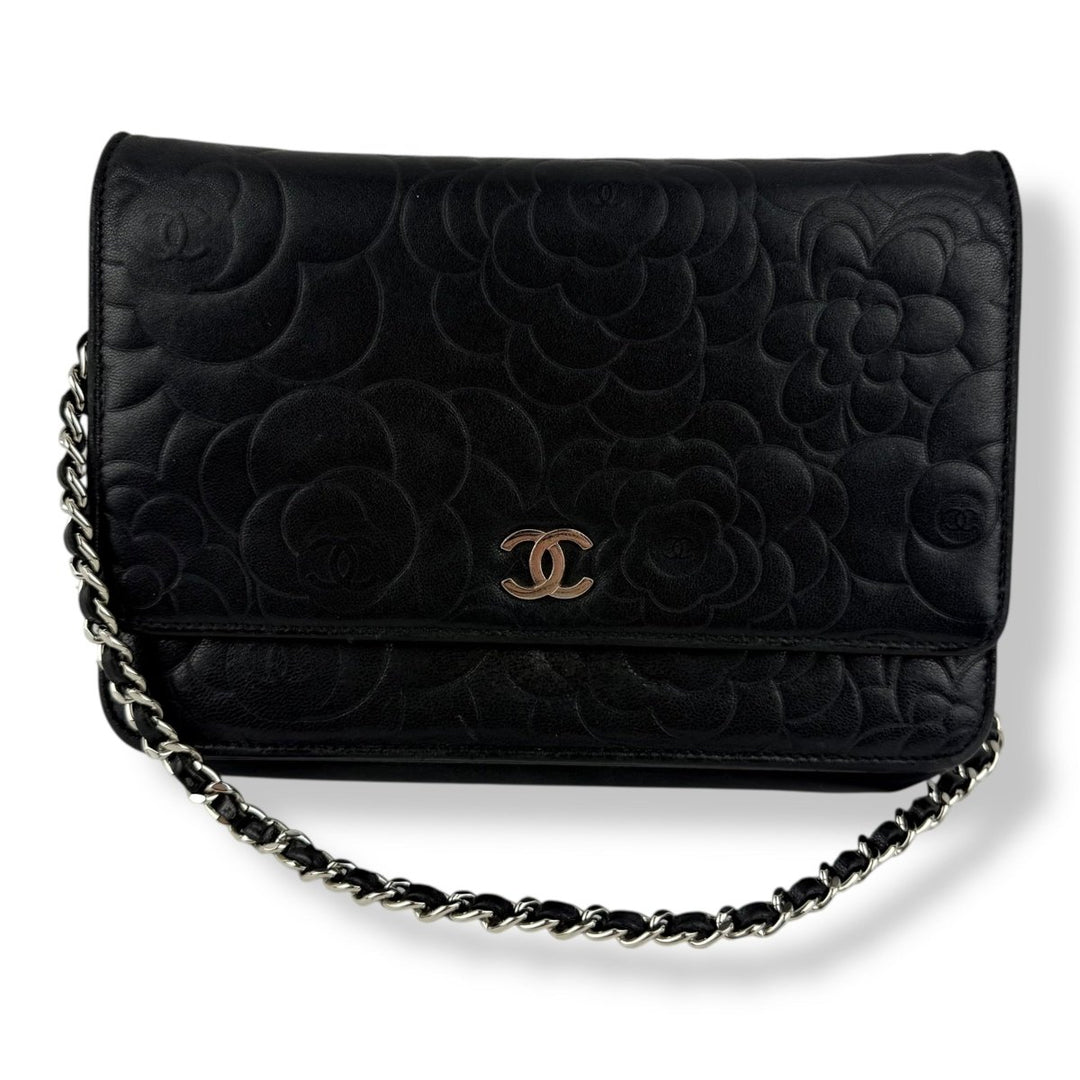 CHANEL Lambskin Quilted Camelia Wallet On Chain WOC Black Handbag - Lux Central