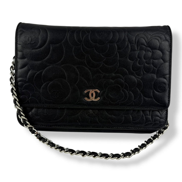 CHANEL Lambskin Quilted Camelia Wallet On Chain WOC Black Handbag - Lux Central