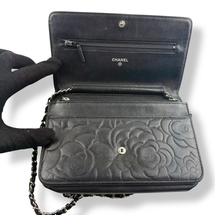 CHANEL Lambskin Quilted Camelia Wallet On Chain WOC Black Handbag - Lux Central