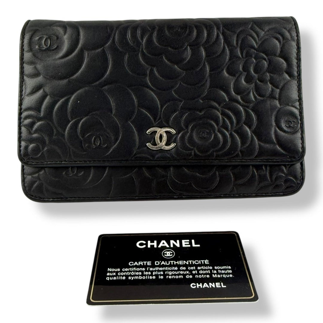 CHANEL Lambskin Quilted Camelia Wallet On Chain WOC Black Handbag - Lux Central