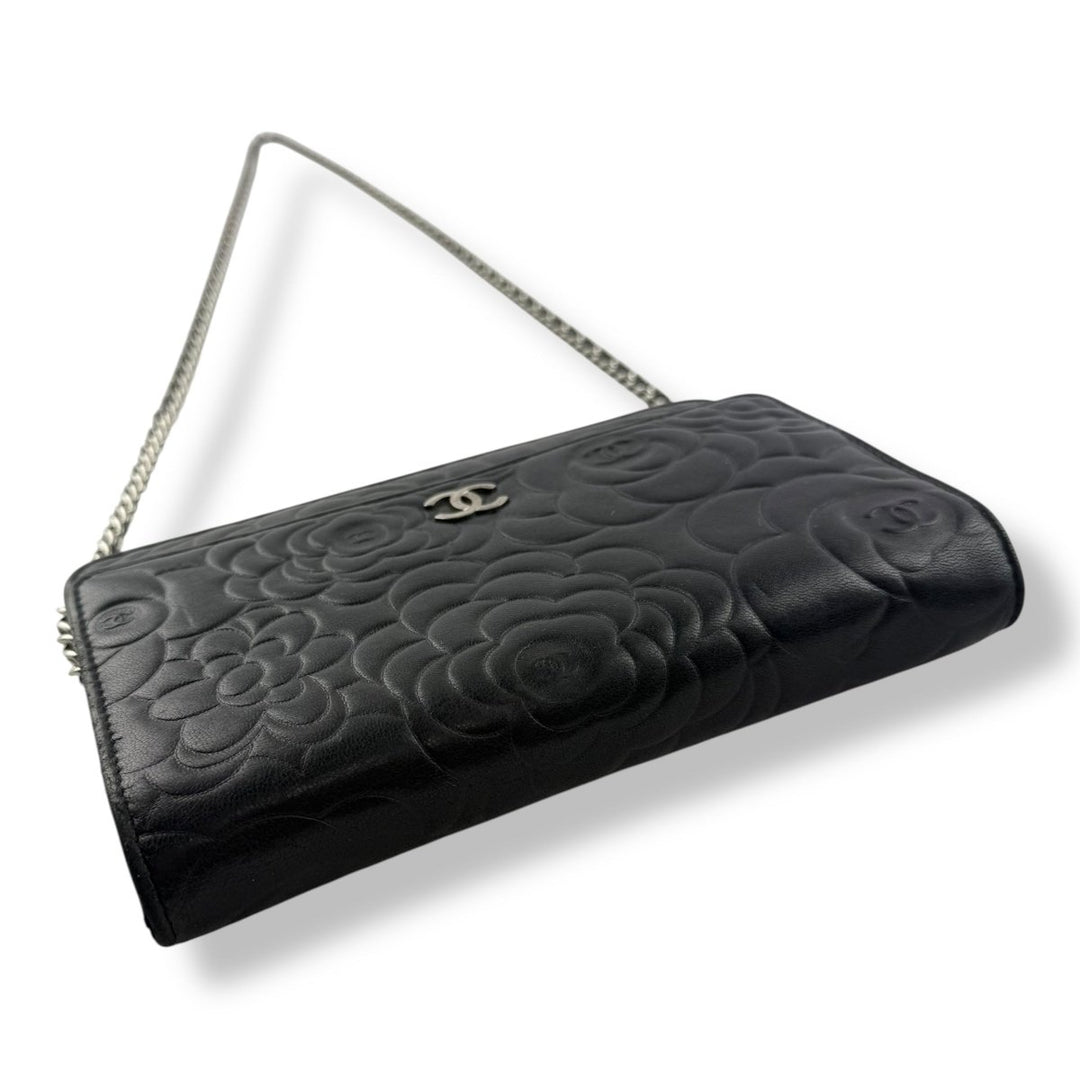 CHANEL Lambskin Quilted Camelia Wallet On Chain WOC Black Handbag - Lux Central