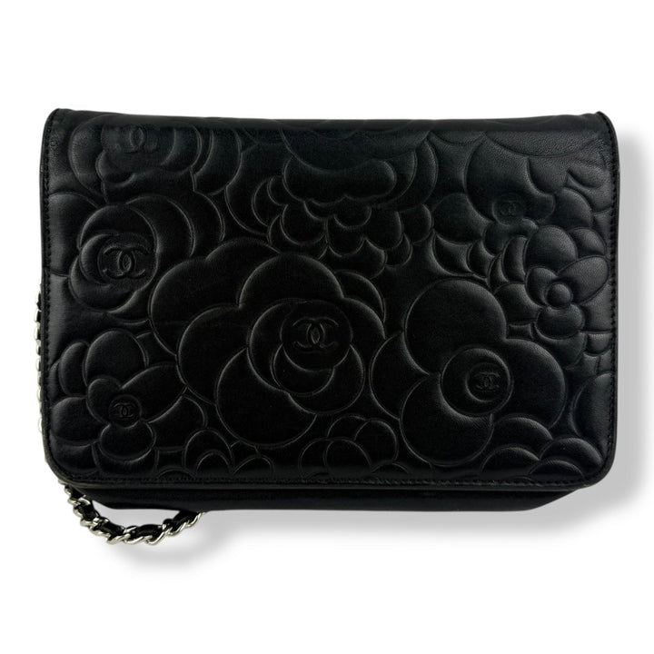 CHANEL Lambskin Quilted Camelia Wallet On Chain WOC Black Handbag - Lux Central