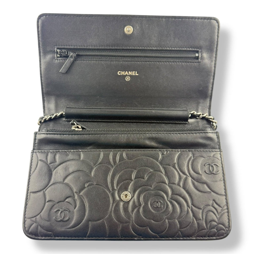CHANEL Lambskin Quilted Camelia Wallet On Chain WOC Black Handbag - Lux Central