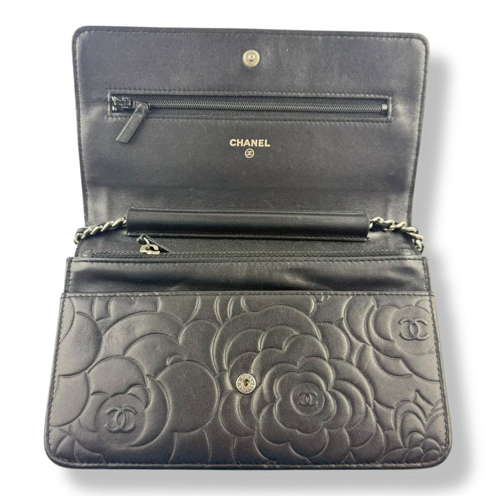 CHANEL Lambskin Quilted Camelia Wallet On Chain WOC Black Handbag - Lux Central
